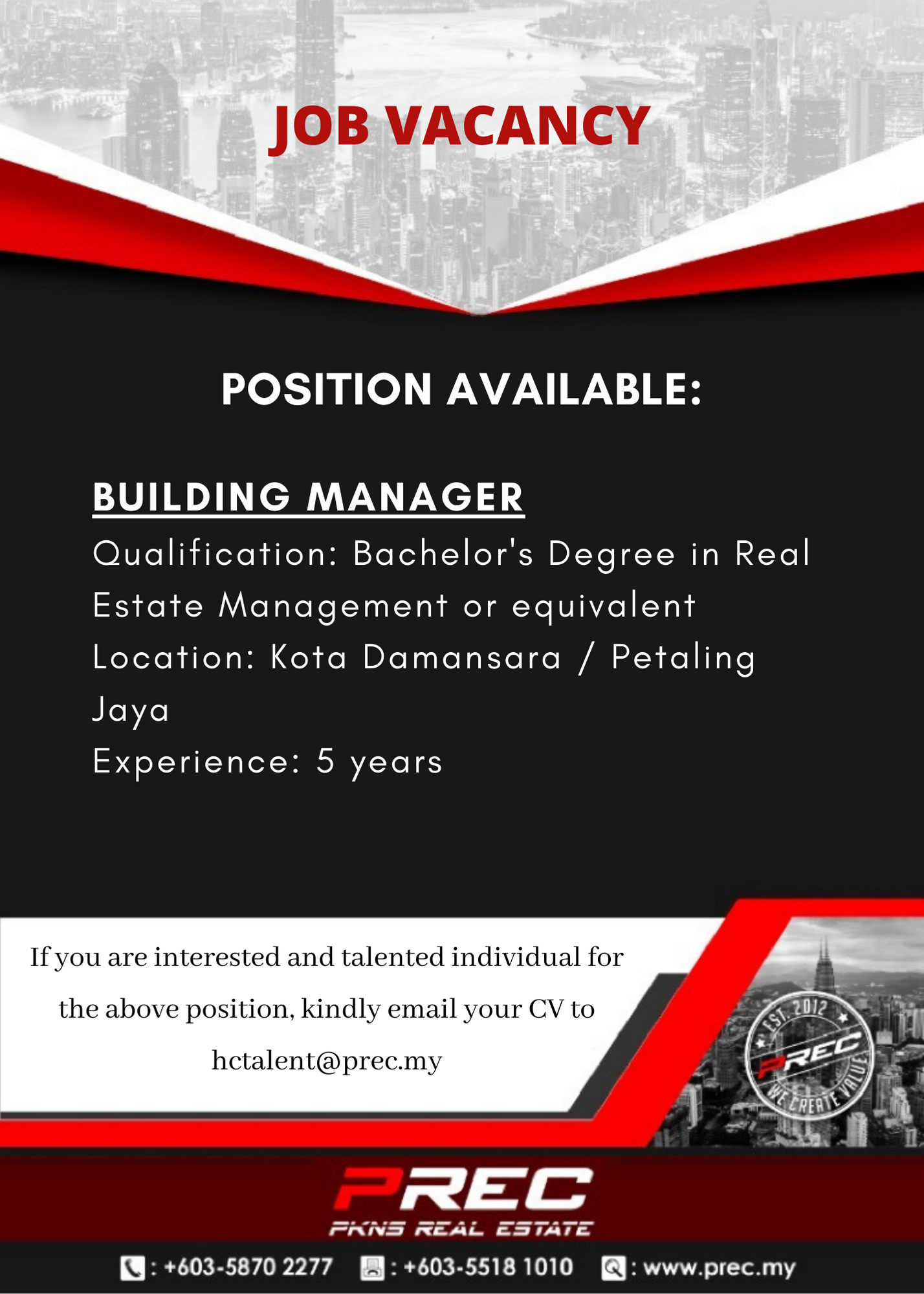 JOB VACANCY Building Manager PKNS Real Estate Sdn Bhd PREC 