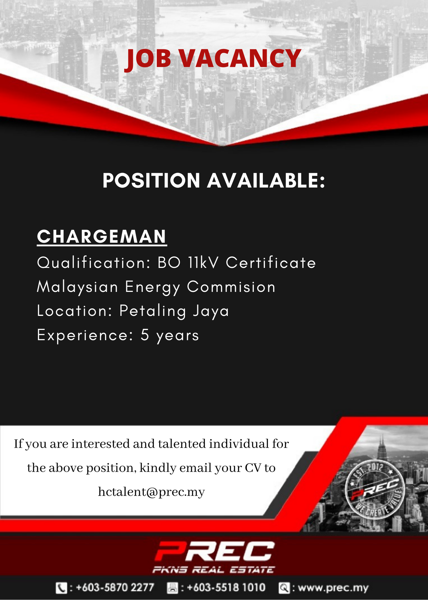 JOB VACANCY Chargeman PKNS Real Estate Sdn Bhd (PREC)