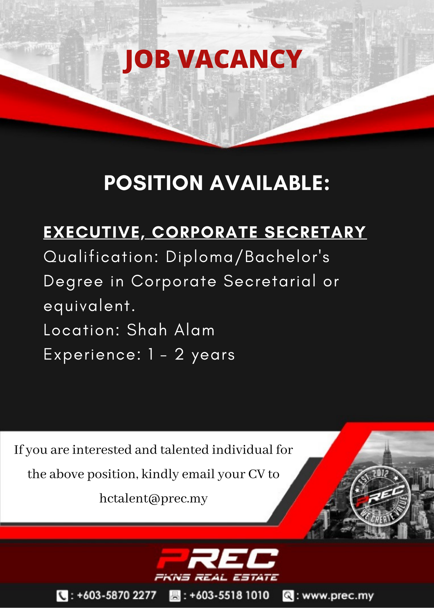 JOB VACANCY Executive Corporate Secretary PKNS Real Estate Sdn Bhd 